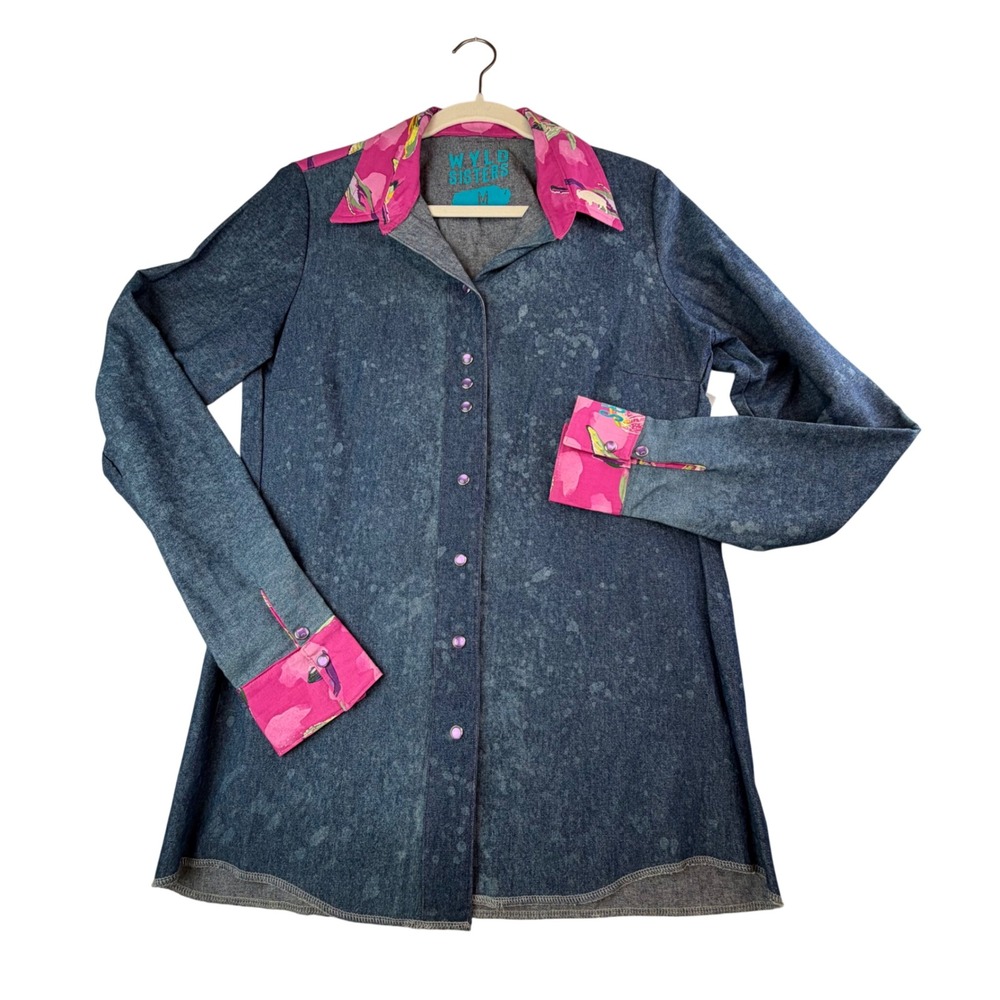 Wyld Sisters Whales Ballet Denim Western Snap Shirt Pink Floral Art Wear Boho M